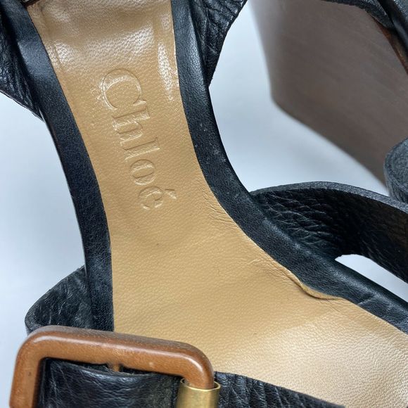 Chloe Black Leather Buckle Platform Wedge Sandals - Picture 3 of 10
